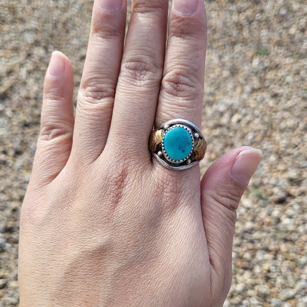 Native American Sterling Silver Jewelry Green Blue Turquoise Copper Leaves Ring